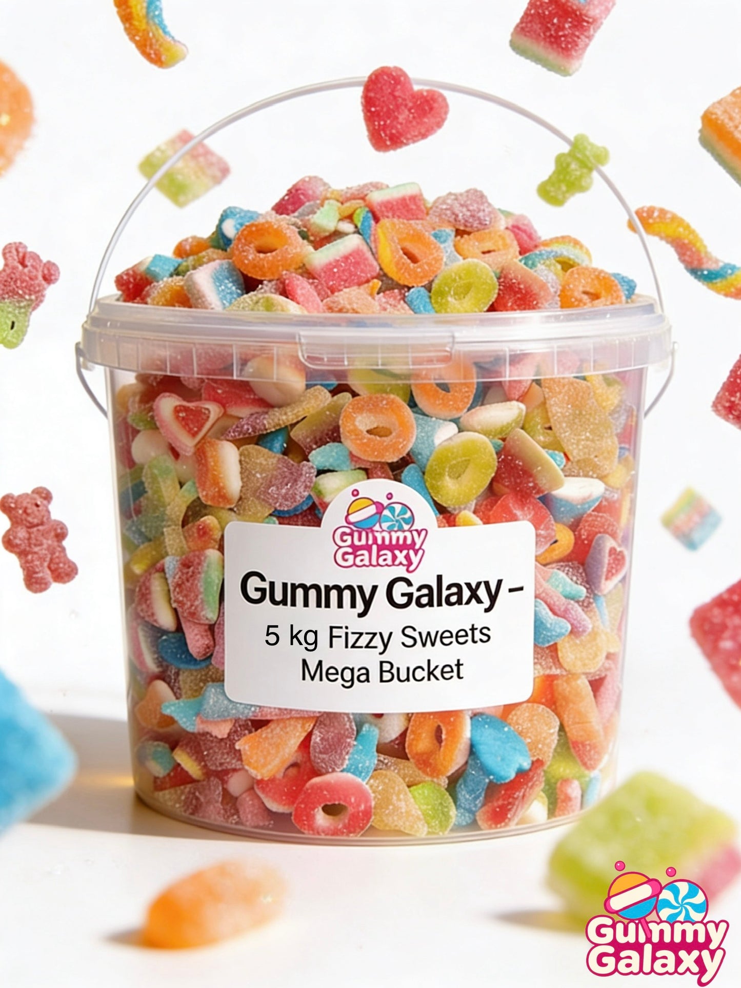Gummy Galaxy 5 kg Mega Fizzy Sweets bucket with colorful, sparkling fizzy candies in a large container.