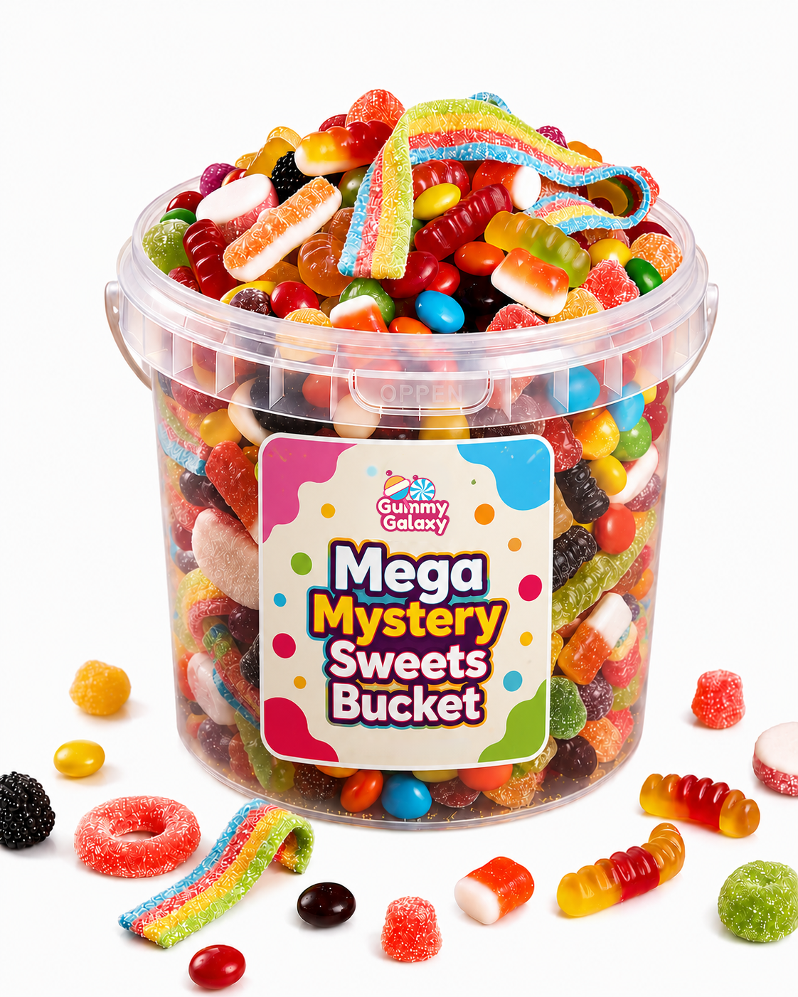 Assorted gummy candies from Gummy Galaxy Mega Gummy Galaxy Mystery Bucket, 5 kg pick and mix gummy treat in colorful shapes and flavors.