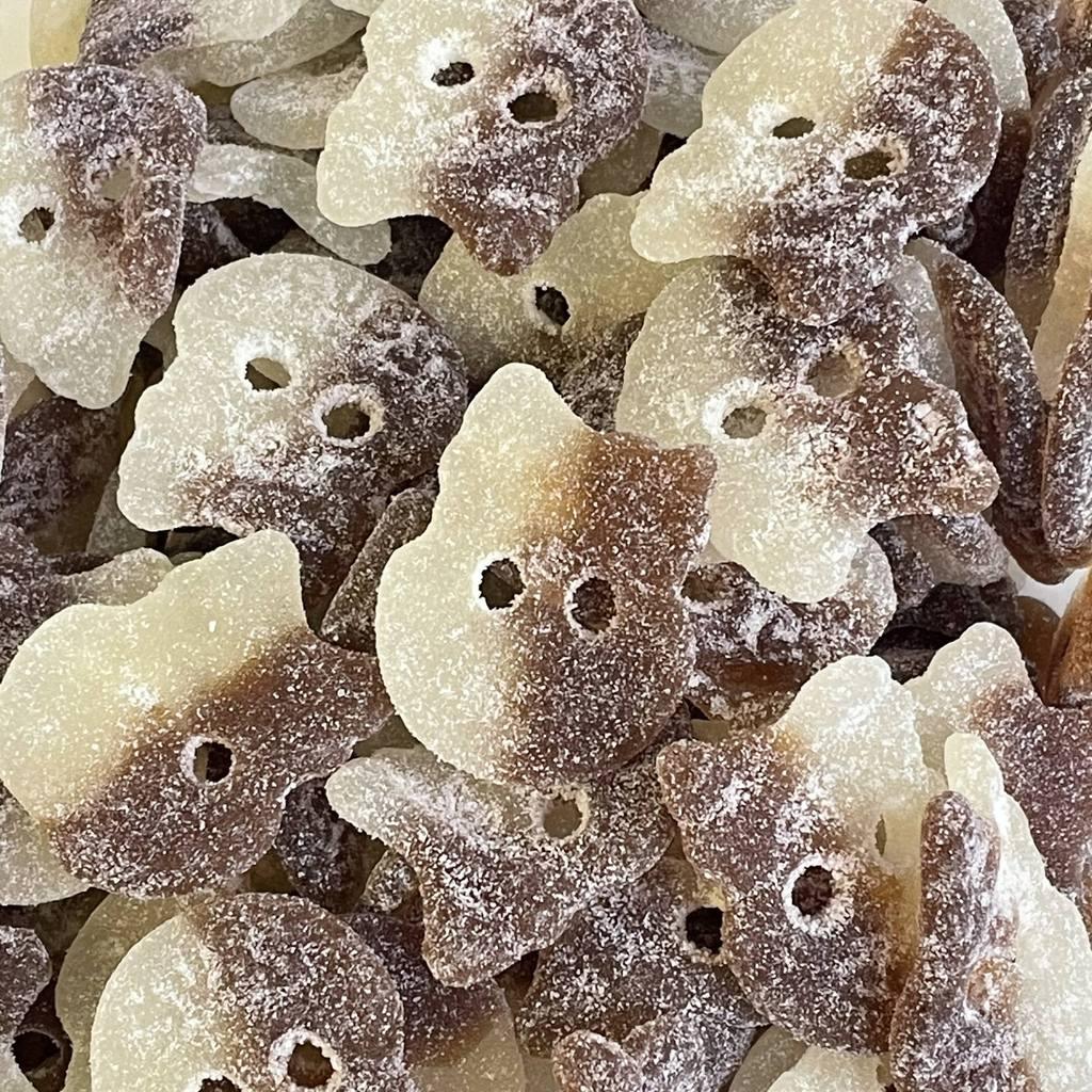 Gummy Galaxy BUBS Vegan Cola Skulls fizzy sweets in a clear bag with colorful skull-shaped candies and vibrant branding.