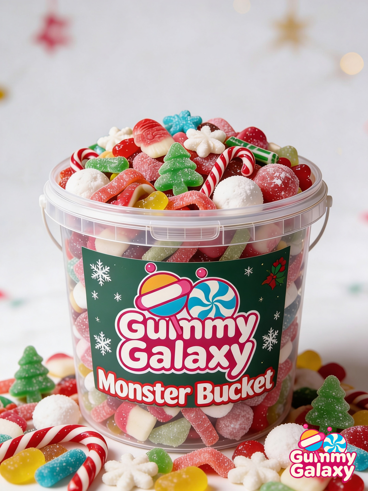 Gummy Galaxy 5 KG Christmas mystery pick & mix bucket filled with colorful holiday gummy candies and sweets.