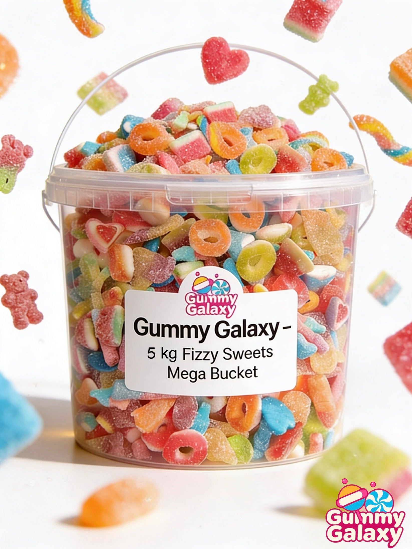 Gummy Galaxy 5 kg Mega Fizzy Sweets bucket with colorful, sparkling fizzy candies in a large container.