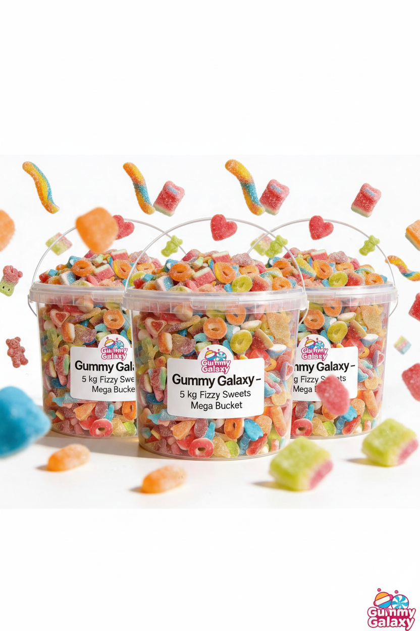 Gummy Galaxy 5 KG Mega Fizzy Sweets Bucket featuring colorful, sparkling fizzy gummy candies in a large bucket.