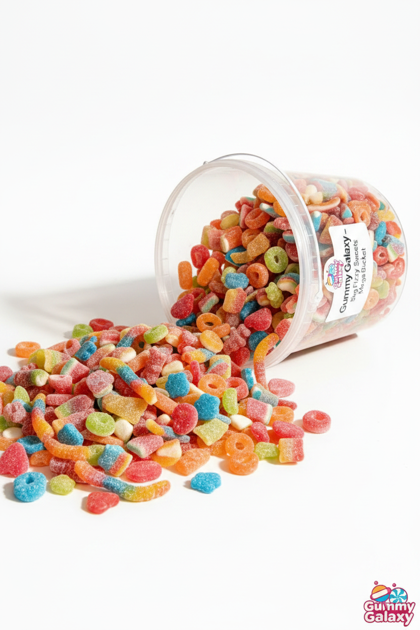 Gummy Galaxy 5 KG Mega Fizzy Sweets Bucket featuring colorful, sparkling fizzy candies in a large, resealable bucket.