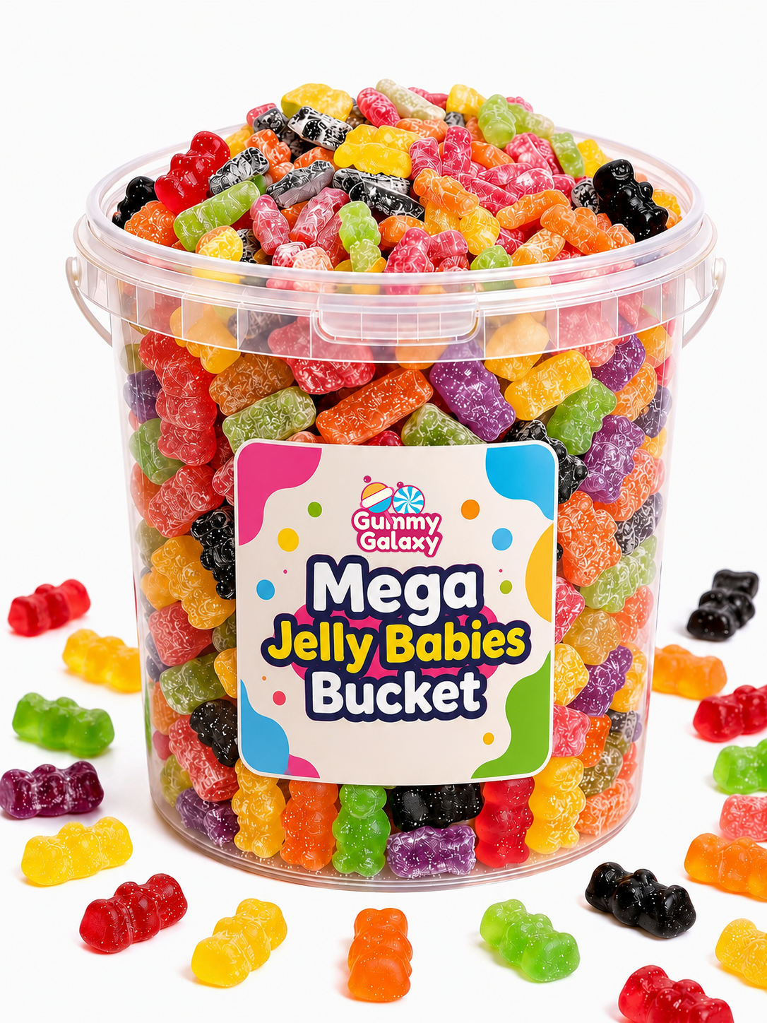 Assorted Gummy Galaxy Mega Jelly Babies bucket with colorful jelly sweets in a 5 kg bucket.