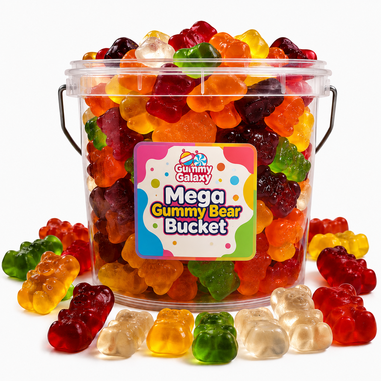Gummy Galaxy 5 KG Mega Gummy Bear Bucket of colorful jelly sweets with large gummy bears in a clear bucket.