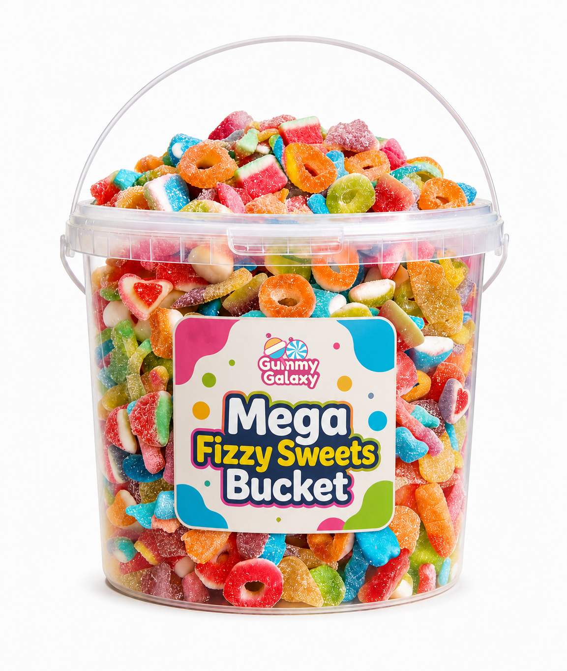 Gummy Galaxy 5 KG Mega Fizzy Sweets Bucket showing colorful fizzy gummy candies in a large container