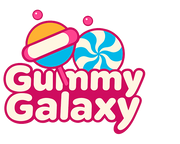 "Gummy Galaxy logo featuring colorful candy illustrations including a layered gummy, blue swirl candy, and pink lollipop above playful text"