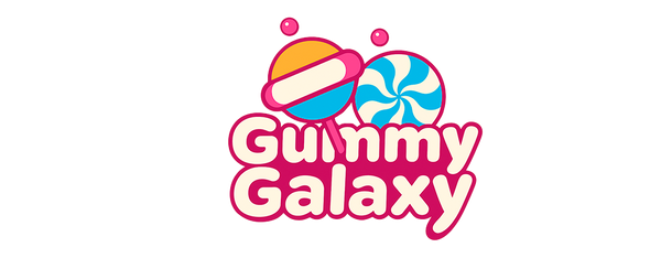 "Gummy Galaxy logo featuring colorful candy illustrations including a layered gummy, blue swirl candy, and pink lollipop above playful text"