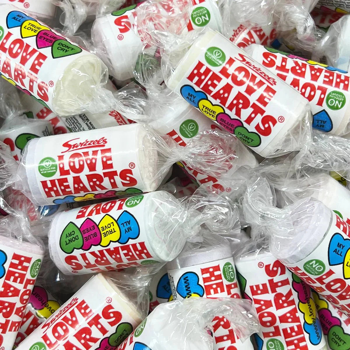 Gummy Galaxy Swizzles Mini Love Heart Rolls, colorful pick & mix sweets with heart-shaped gummy candies in assorted flavors.