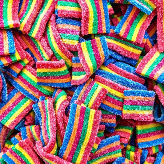 Gummy Galaxy Astro Rainbow Belts fizzy sweets in vibrant rainbow colors, chewy candy with a glossy finish.