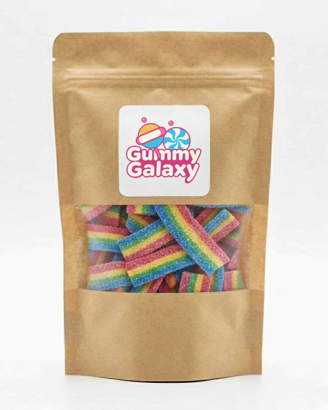 Gummy Galaxy Astro Rainbow Belts fizzy sweets in colorful rainbow strips, 100 grams, with vibrant packaging and chewy texture.