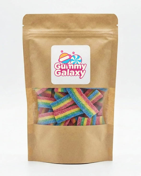 Gummy Galaxy Astro Rainbow Belts fizzy sweets in colorful rainbow strips, 100 grams, with vibrant packaging and chewy texture.