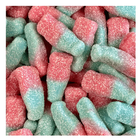 Blue and pink fizzy bubblegum bottles from Gummy Galaxy, colorful chewy fizzy sweets in a clear bag.