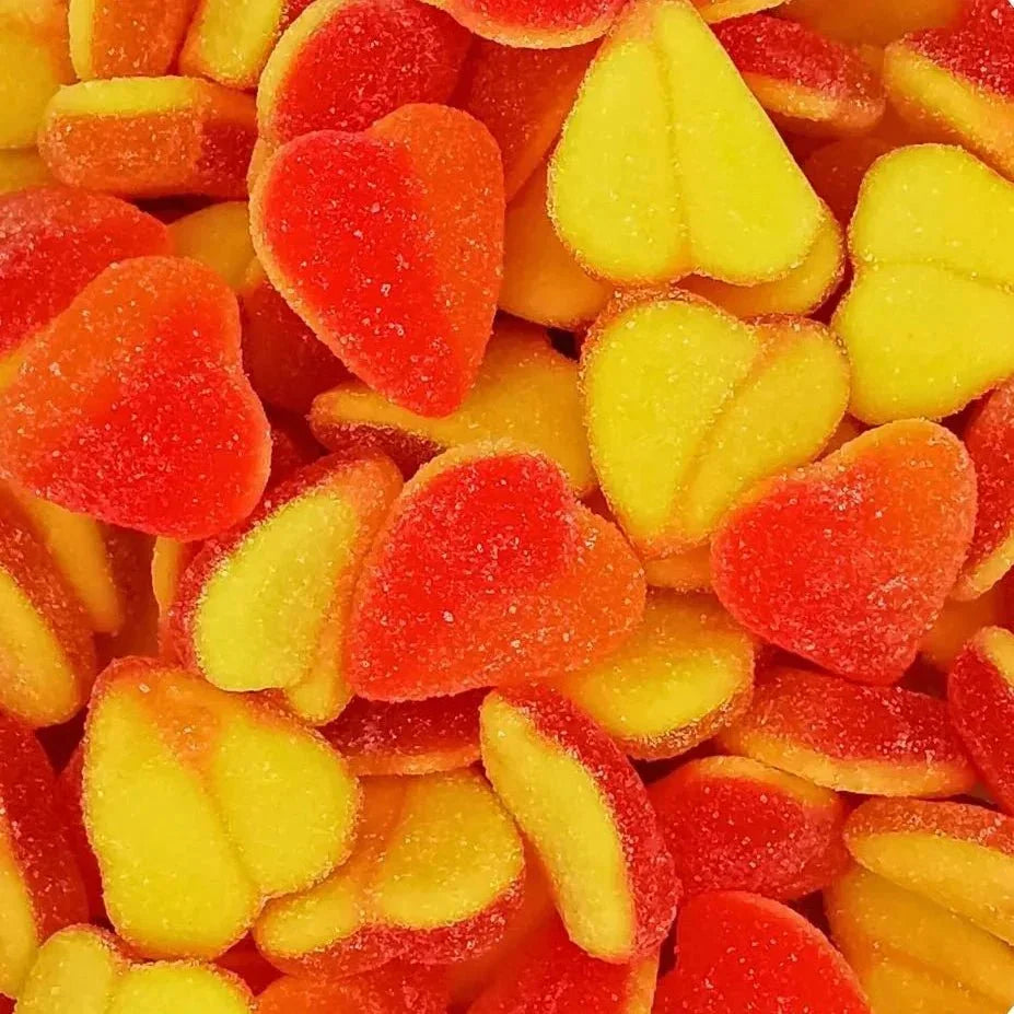 Gummy Galaxy Fizzy Peach Hearts Valentine Sweets in a clear bag, colorful peach-shaped fizzy gummy candies.