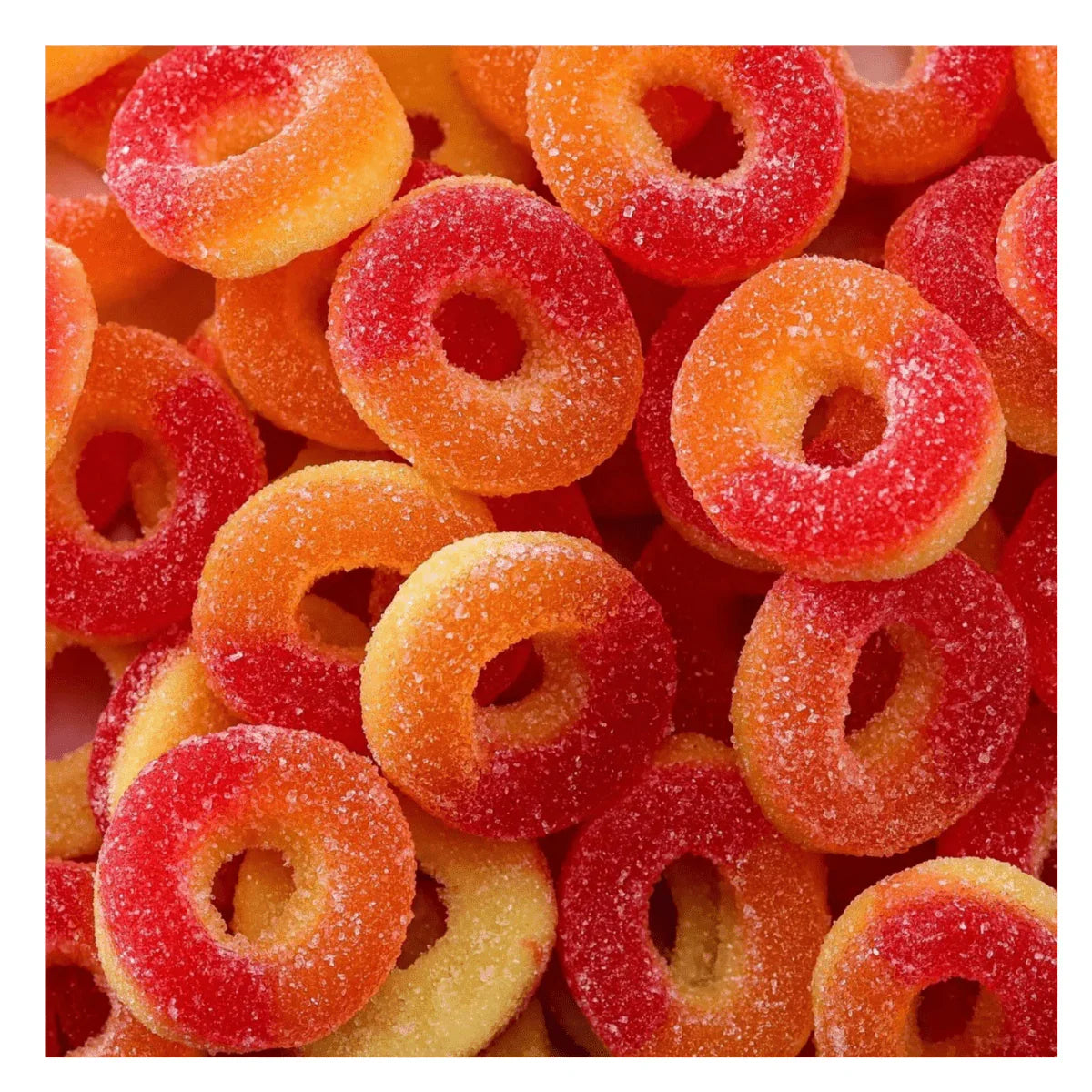Gummy Galaxy Fizzy Peach Rings in 100g, colorful fizzy sweets with peach flavor and chewy texture.
