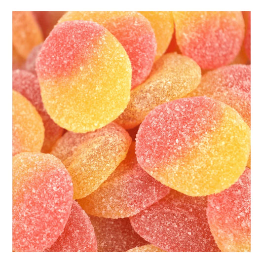 Gummy Galaxy Fizzy Peaches, colorful fizzy peach-shaped gummy sweets in a clear bag.