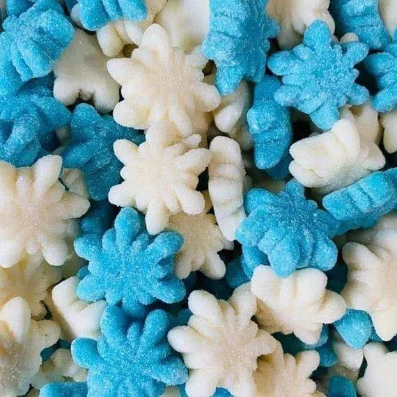 Gummy Galaxy Fizzy Snowflakes, colorful festive fizzy sweets in a clear bag, perfect for holiday treats and celebrations.