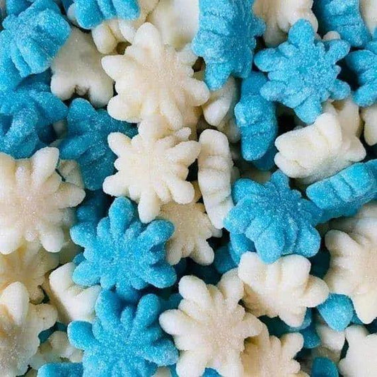 Gummy Galaxy Fizzy Snowflakes, colorful festive fizzy sweets in a clear bag, perfect for holiday treats and celebrations.