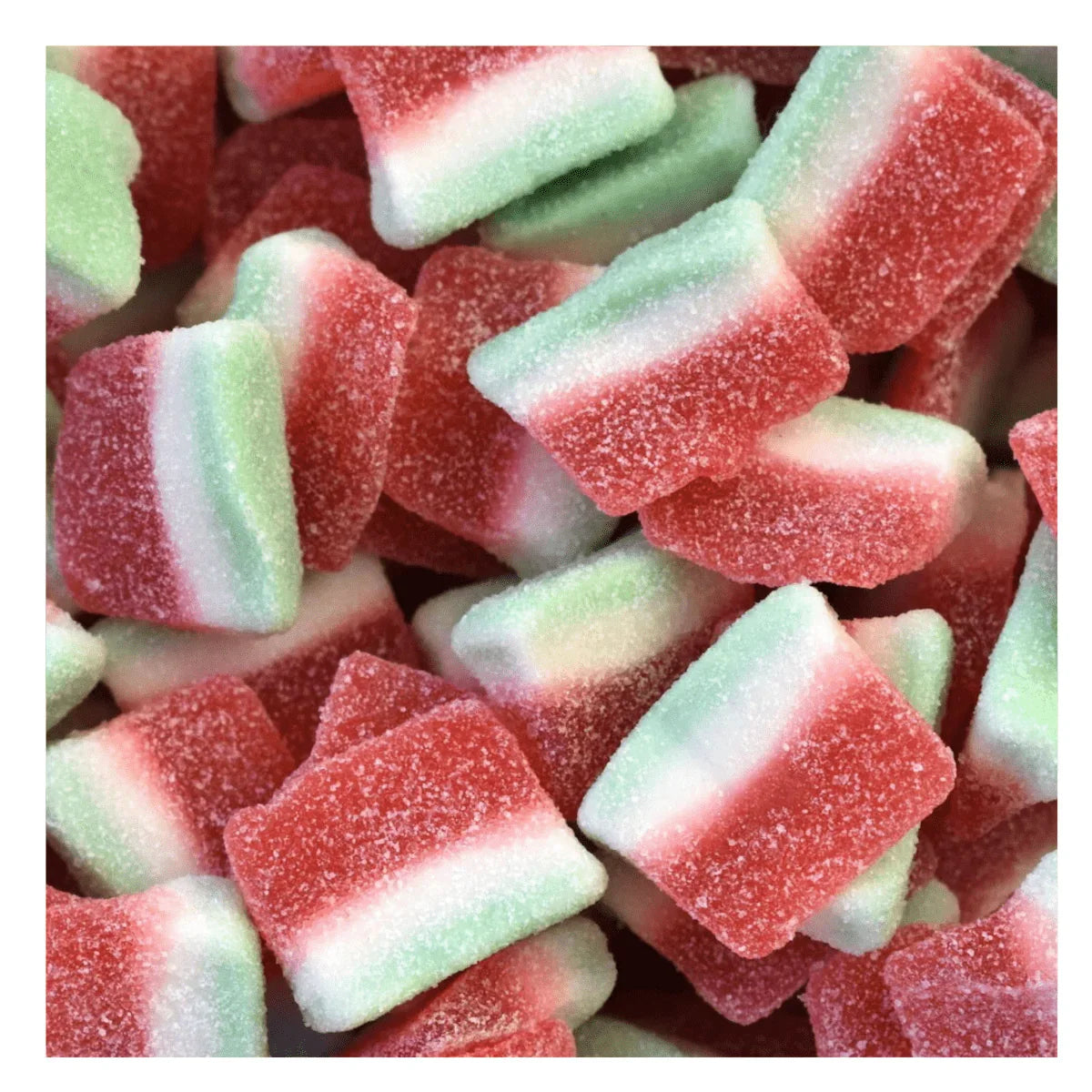 Gummy Galaxy Fizzy Watermelon Slices, colorful chewy sweets with fizzy texture in a clear bag.