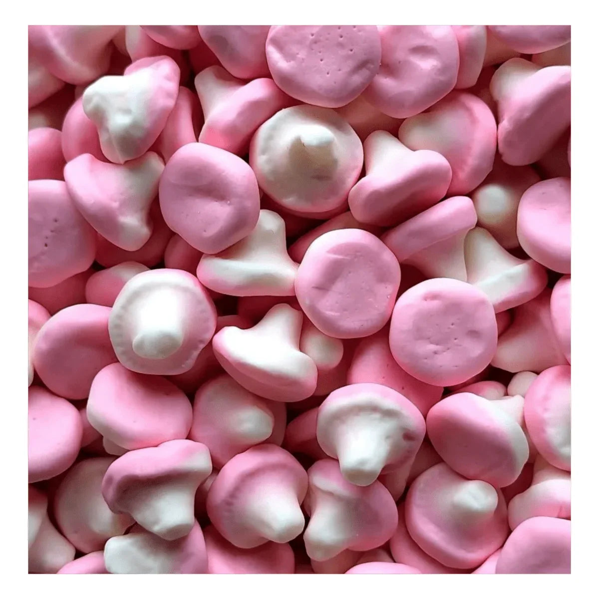 Gummy Galaxy Foam Strawberry Mushrooms, soft foam sweets with strawberry flavor, shown in a close-up image.