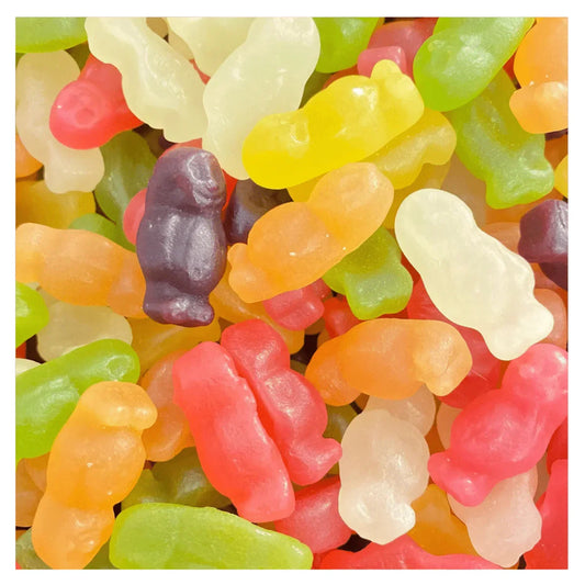 Assorted Gummy Galaxy Jelly Babies in a 100-gram bag, colorful jelly sweets with fruity flavors.