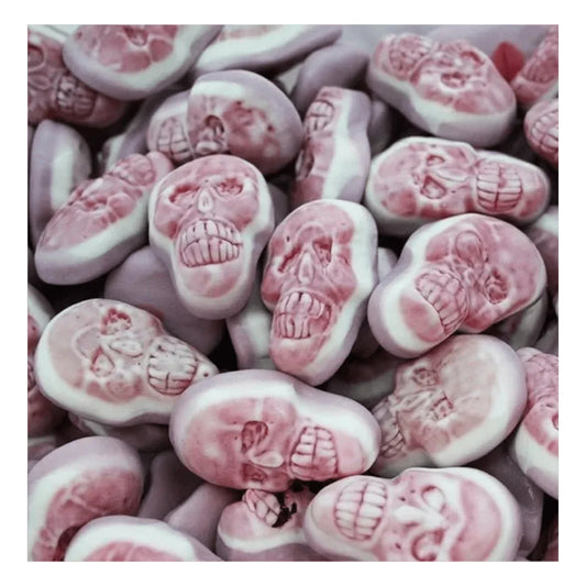 Gummy Galaxy jelly-filled skulls, colorful jelly sweets with skull shape, displayed in a clear container.