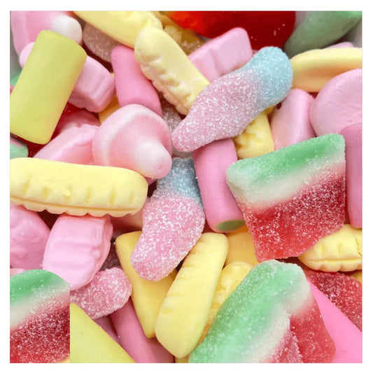 Gummy Galaxy Mixed Pick n Mix Bag with retro British sweets, assorted colorful gummy candies in a 100-gram bag.