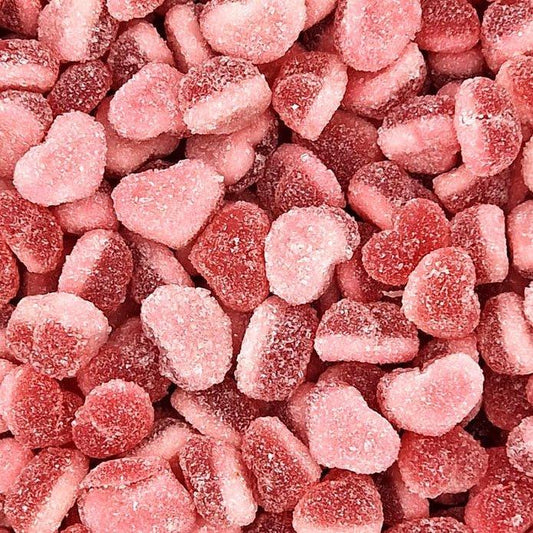 Gummy Galaxy Sour Strawberry Hearts in a clear container, showing bright red, heart-shaped fizzy sweets with a glossy finish.