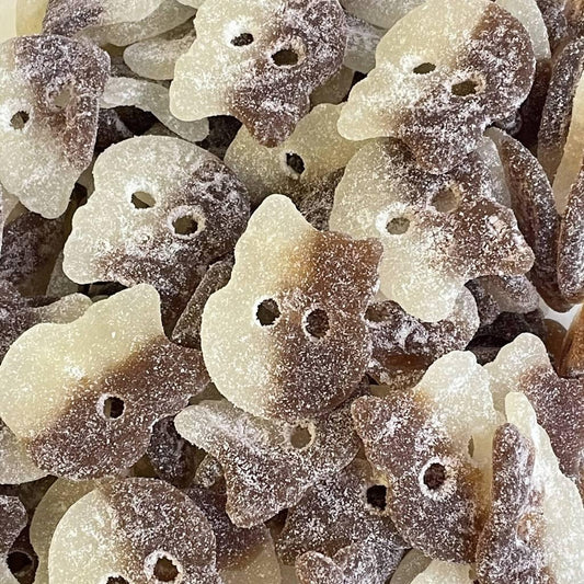 Gummy Galaxy BUBS Vegan Cola Skulls fizzy sweets in a clear bag with colorful skull-shaped candies and vibrant branding.