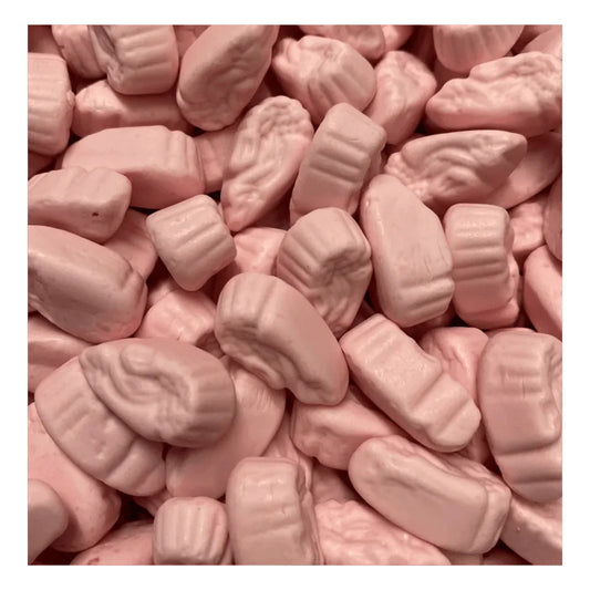 Colorful mini foam shrimp candies from Gummy Galaxy, soft foam sweets shaped like tiny shrimp, in vibrant pastel colors.