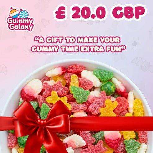 Gummy Galaxy £20 gift card featuring colorful galaxy-themed design and branding, perfect for gifting or use online.
