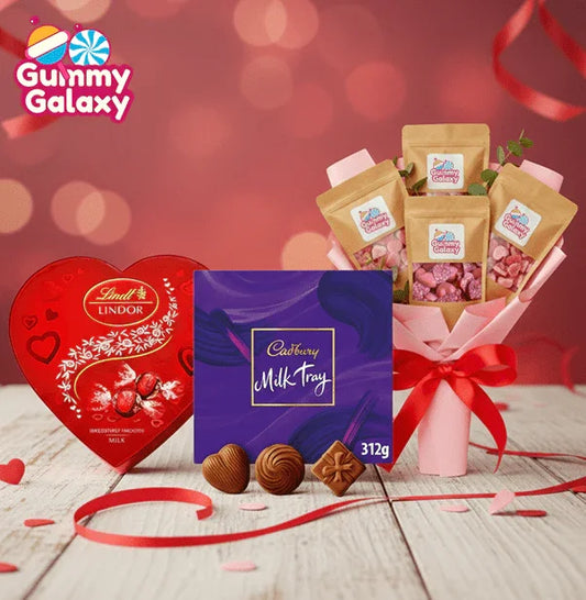 Gummy Galaxy Valentine's Combo Gift featuring assorted sweets and chocolates for your loved one, displayed with colorful candies.