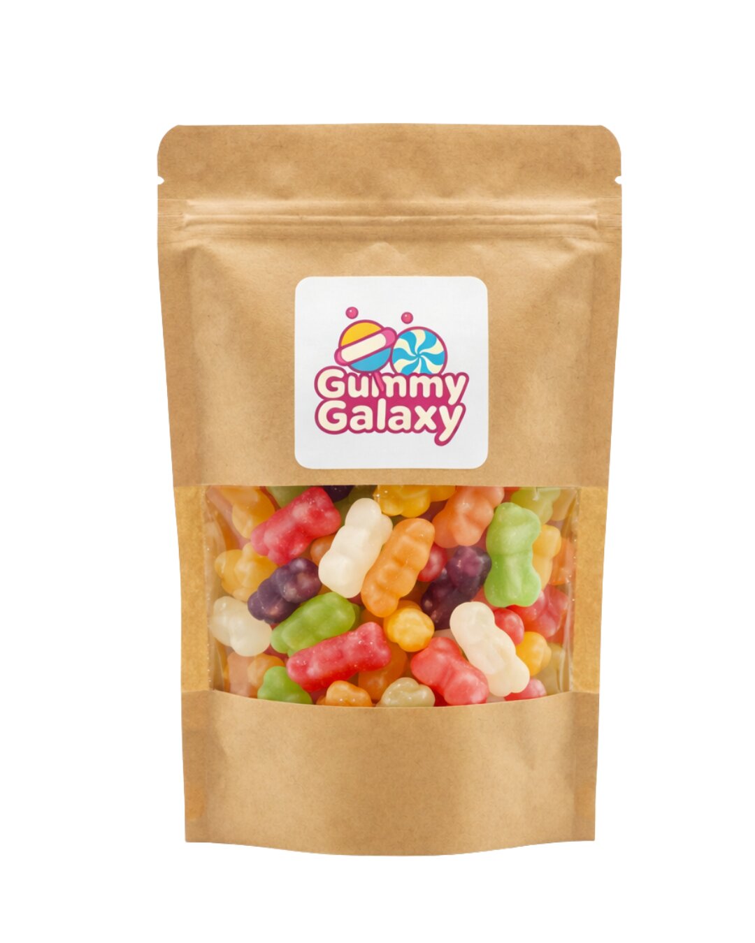 Colorful Jelly Babies gummy sweets from Gummy Galaxy, showing assorted fruit-flavored jelly candies in various shapes and colors.